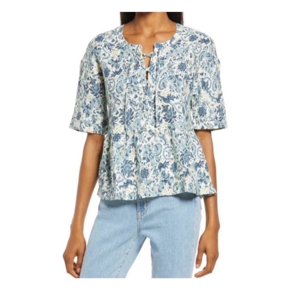 Faherty Salinas Floral Lace-Up Linen Top